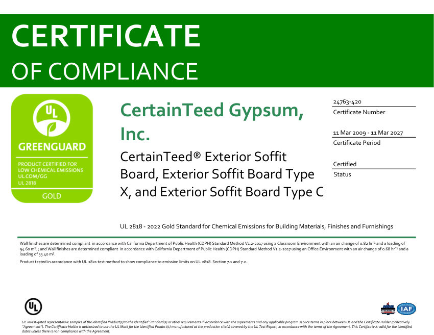 CertainTeed Exterior Soffit GREENGUARD Gold 2027 Expiration cut sheet — first page