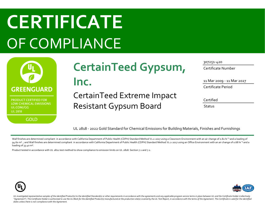 CertainTeed extreme impact greenguard gold 2027 expiration cut sheet — first page