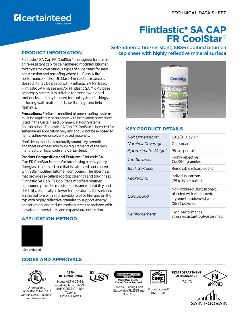 CertainTeed flintlastic SA CAP FR coolstar ultra 01 11 1173 NA EN 2511 cut sheet — first page
