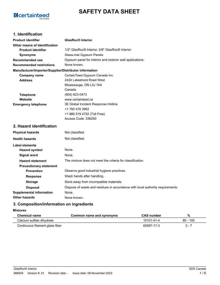CertainTeed GlasRoc Interior SDS Canada British English 11 8 2023 cut sheet — first page