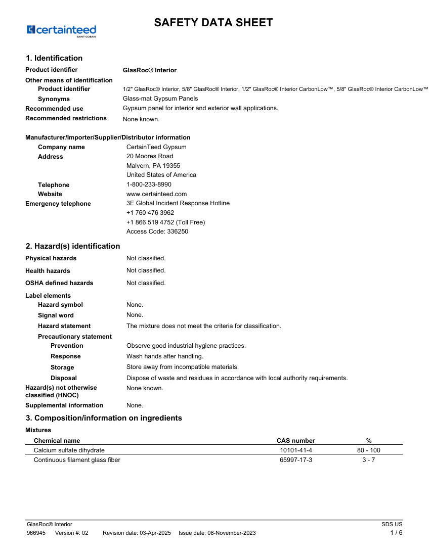 CertainTeed glasroc interior us e 04 03 2025 cut sheet — first page