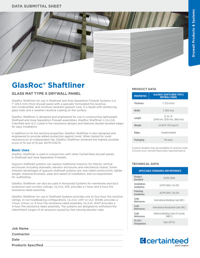 CertainTeed GLASROC SHAFTLINER TYPE X-8 cut sheet — first page