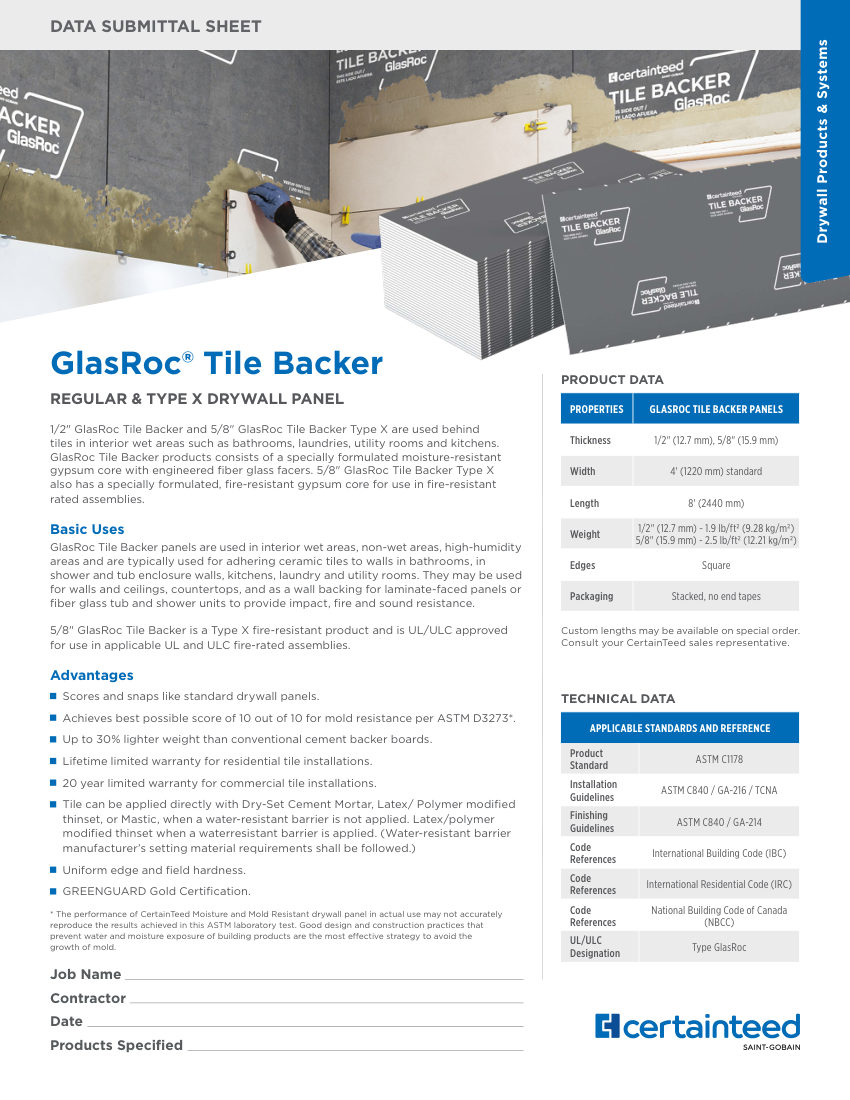 CertainTeed glasroc tile backer cut sheet — first page