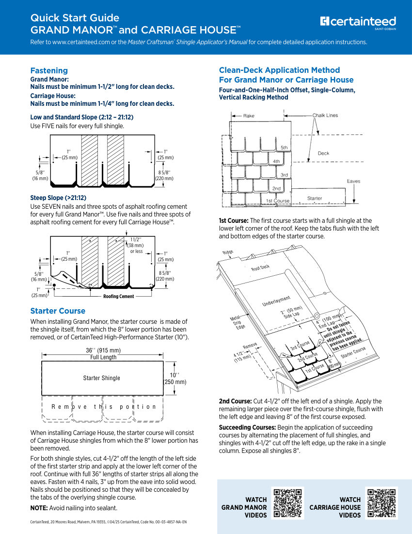CertainTeed GrandManor CarriageHouse QuickStart Guide 00 03 4857 NA EN 2 cut sheet — first page