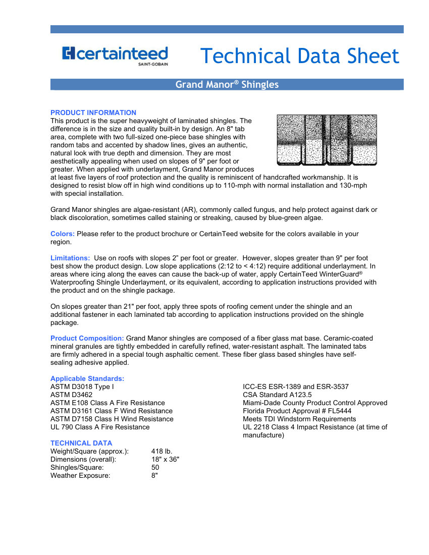 CertainTeed GrandManor TDS CTRCOMM 015 2308 E cut sheet — first page