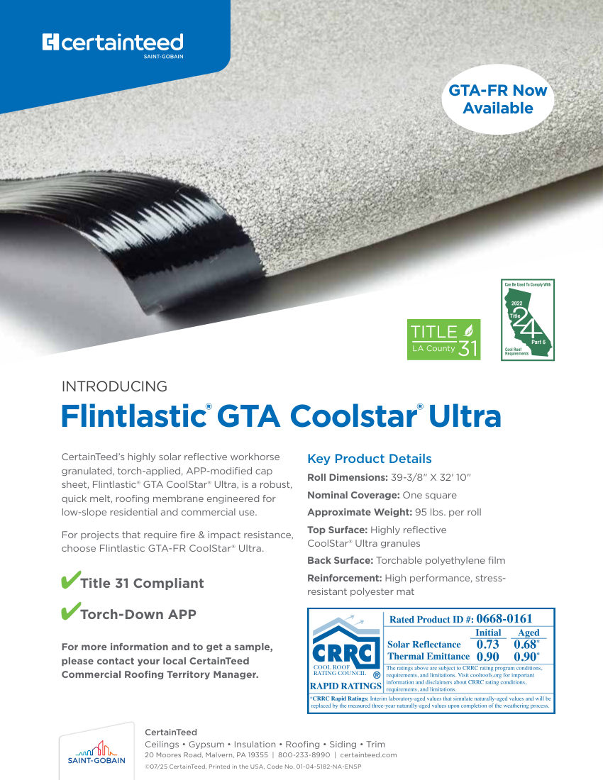 CertainTeed gta coolstar ultra sellsheet 01 04 5182 NA ENSP 2504 cut sheet — first page