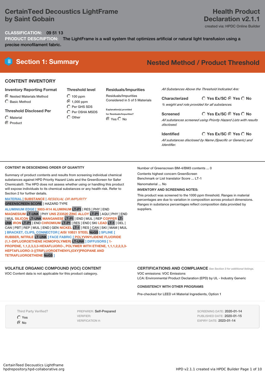 CertainTeed health product declaration hpd lightframe decoustics cut sheet — first page