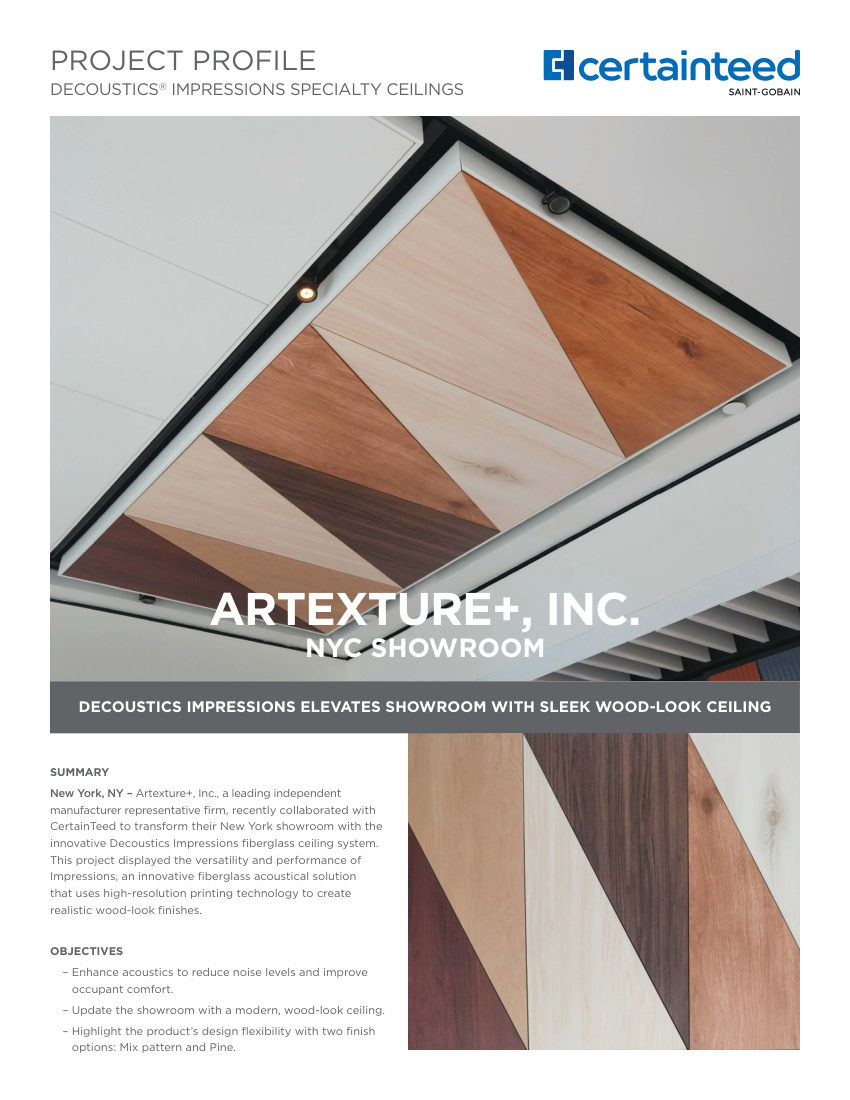 CertainTeed Impressions Wood Look Ceilings Project Profile ArtexturePlus cut sheet — first page