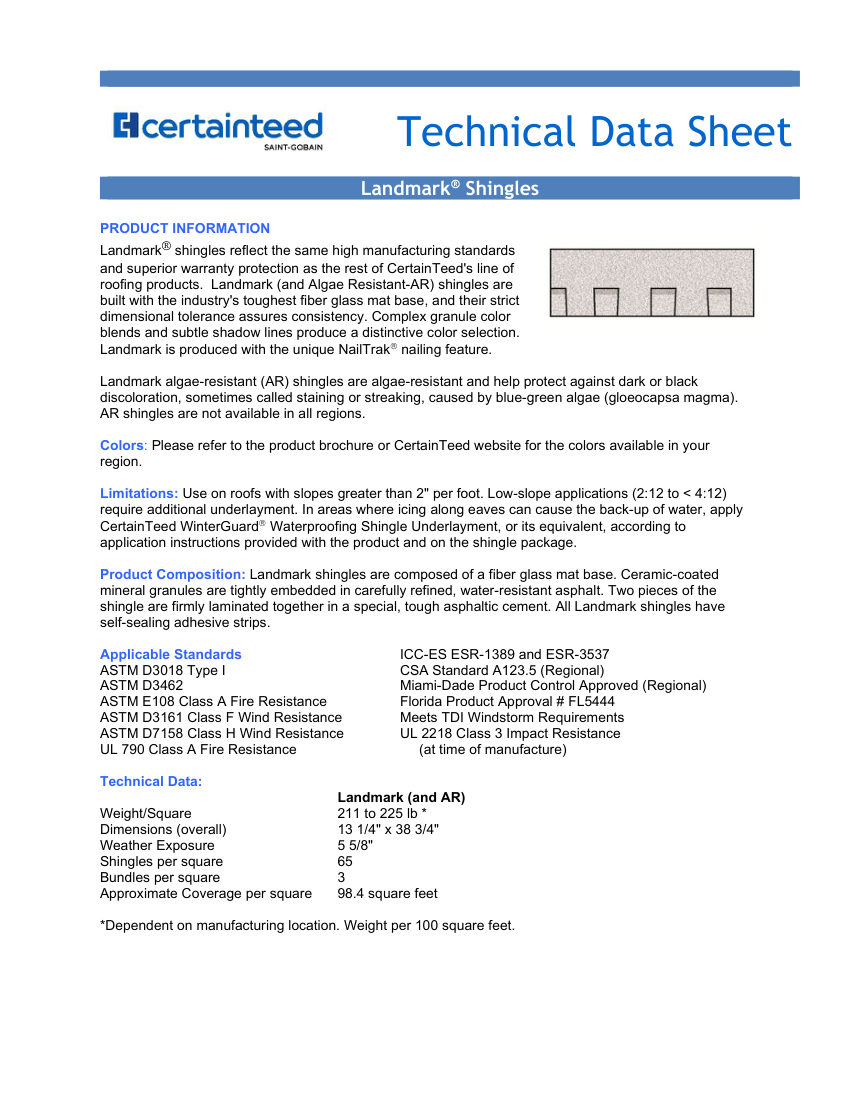 CertainTeed Landmark TDS CTRCOMM 015 2408 E cut sheet — first page