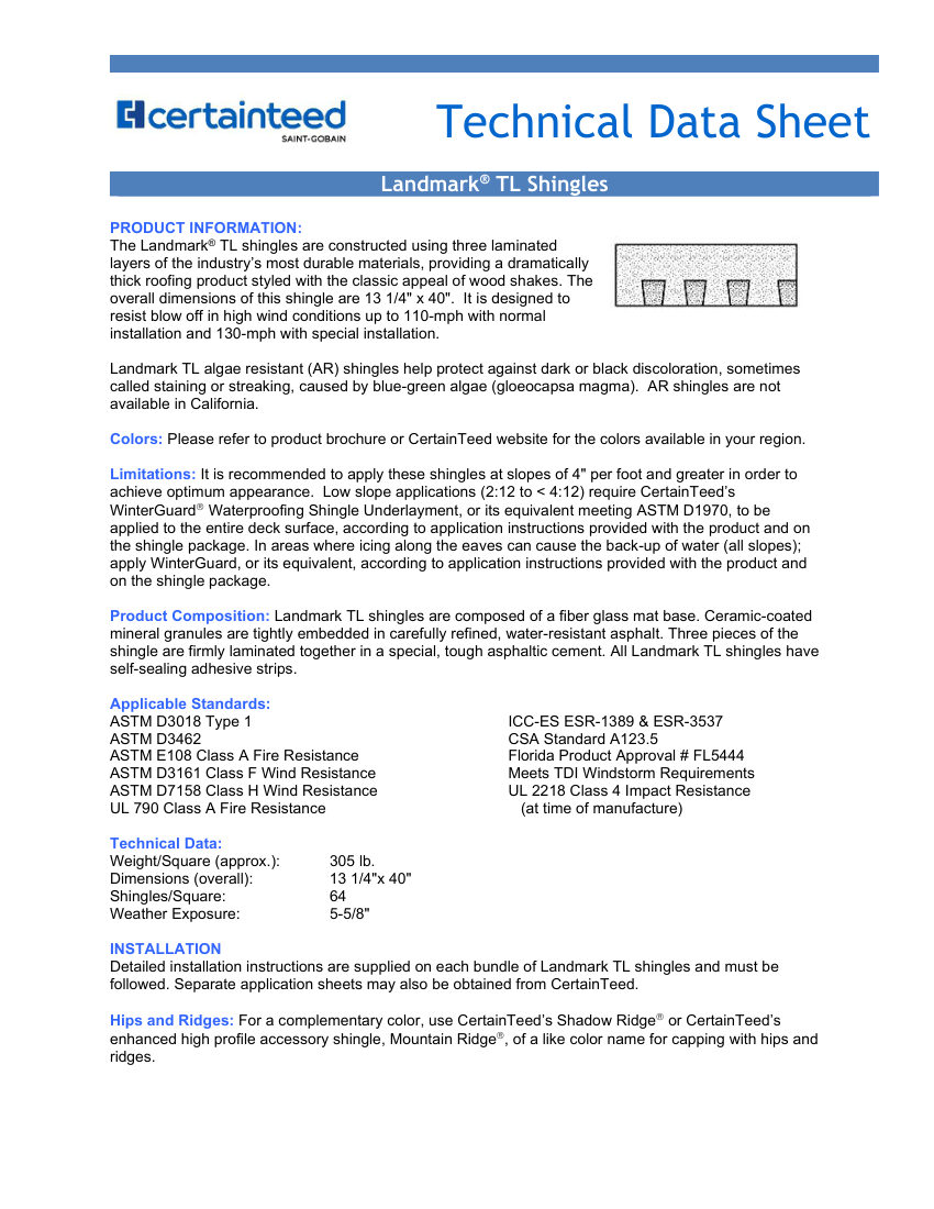 CertainTeed LandmarkTL TDS CTRCOMM 015 2502 E cut sheet — first page