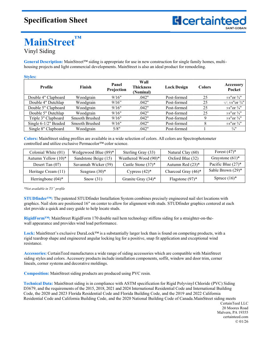 CertainTeed MainStreet-Double 4" Clapboard cut sheet — first page