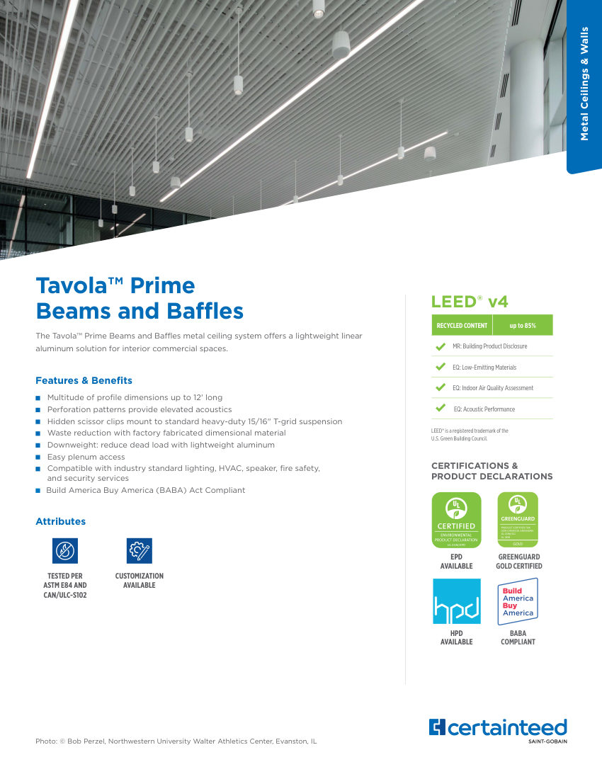 CertainTeed metal tavola prime beams baffles cut sheet — first page