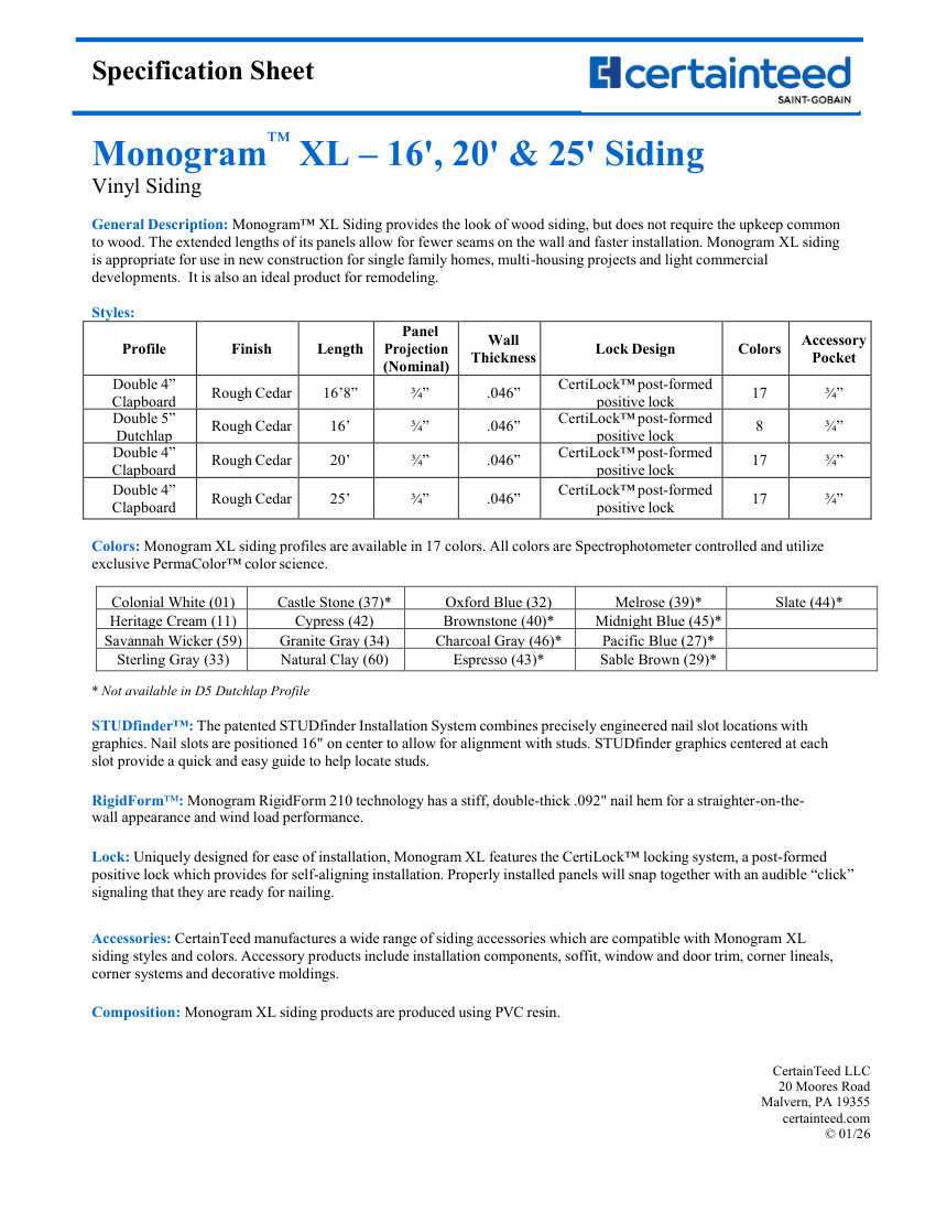 CertainTeed Monogram XL-Double 4" Clapboard cut sheet — first page