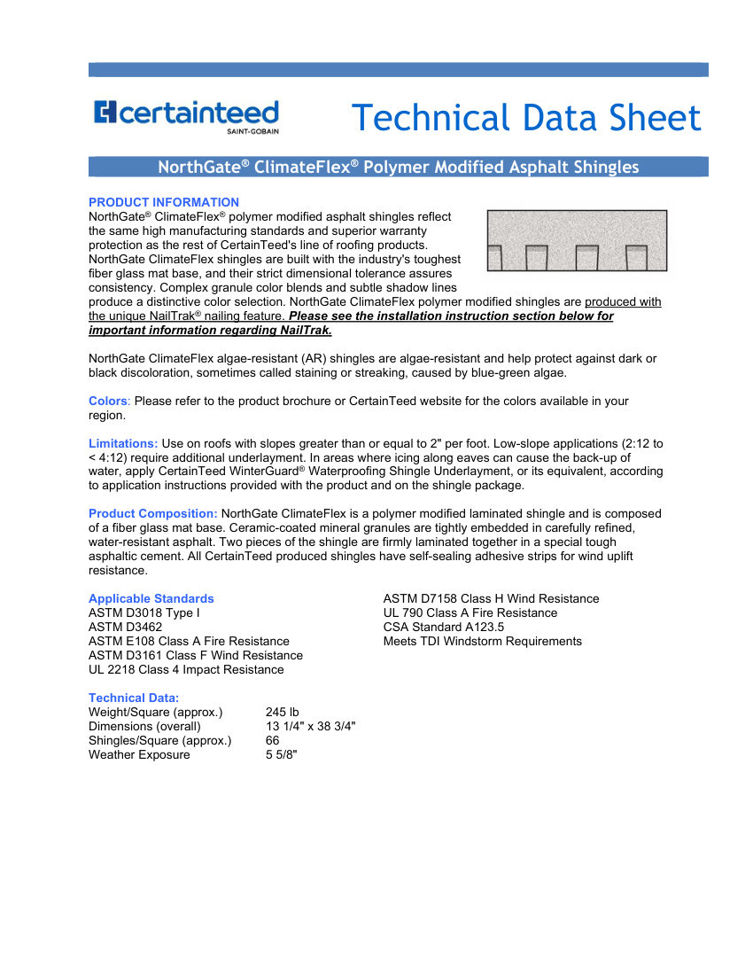CertainTeed NorthGateClimateFlex TDS CTRCOMM 015 2601 E cut sheet — first page