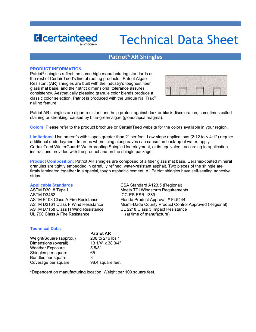 CertainTeed Patriot TDS cut sheet — first page