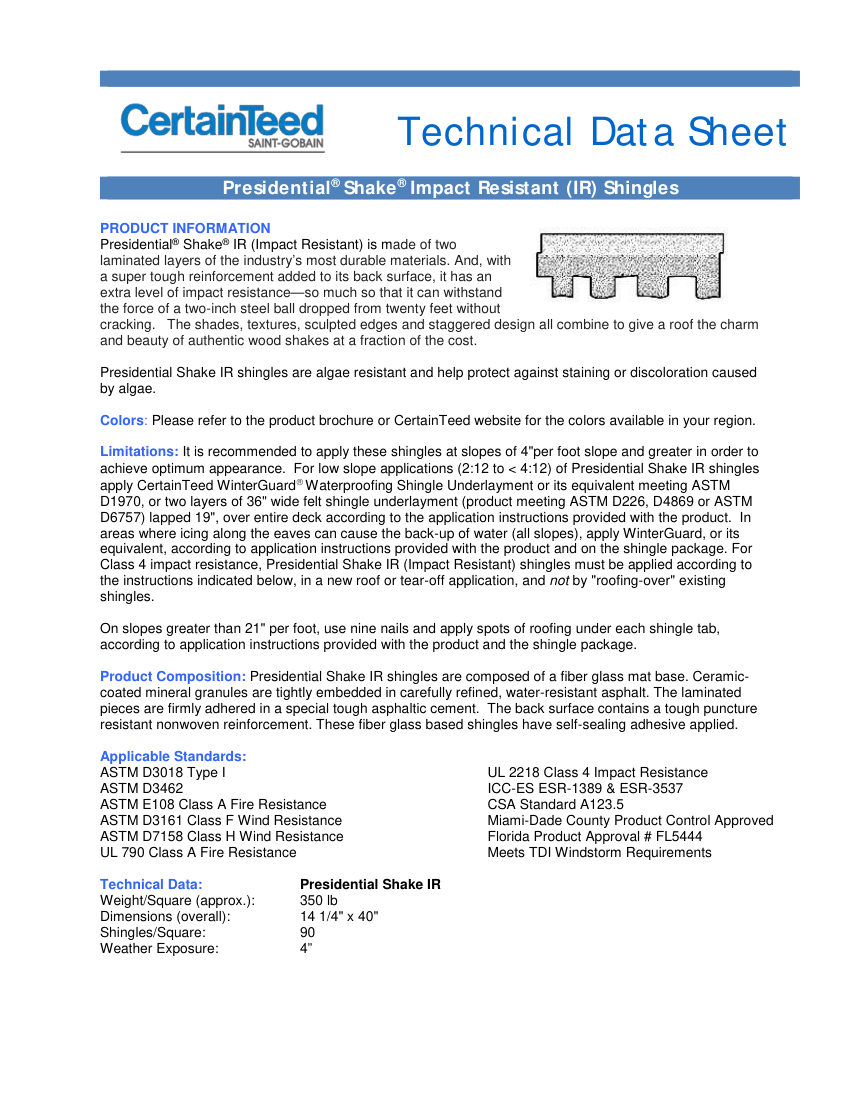 CertainTeed presidential shake ir tds ctrcomm 015 2103 e cut sheet — first page