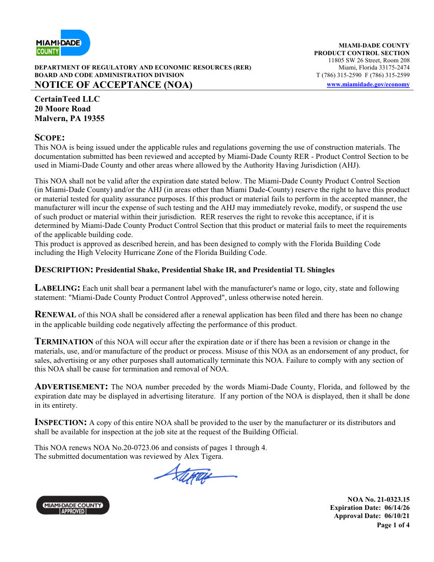 CertainTeed PresidentialShakeIRMDCompliance cut sheet — first page