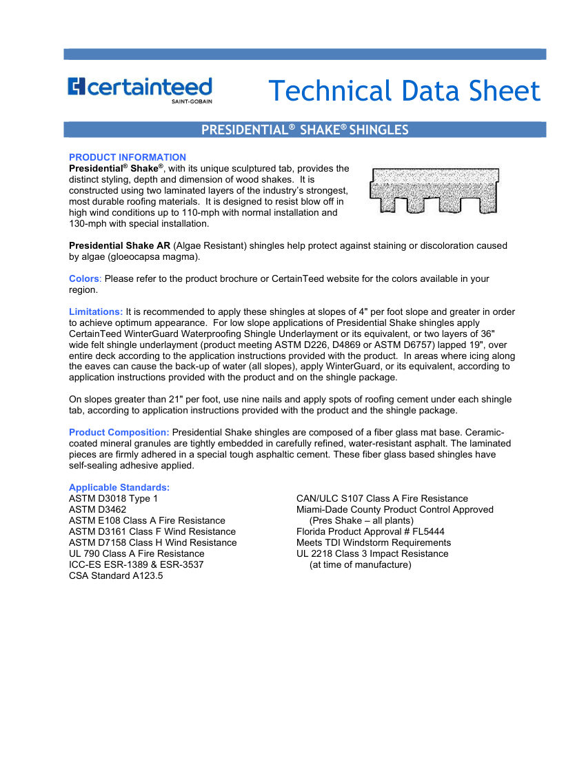 CertainTeed PresidentialShakeSeries TDS CTRCOMM 015 2504 E cut sheet — first page
