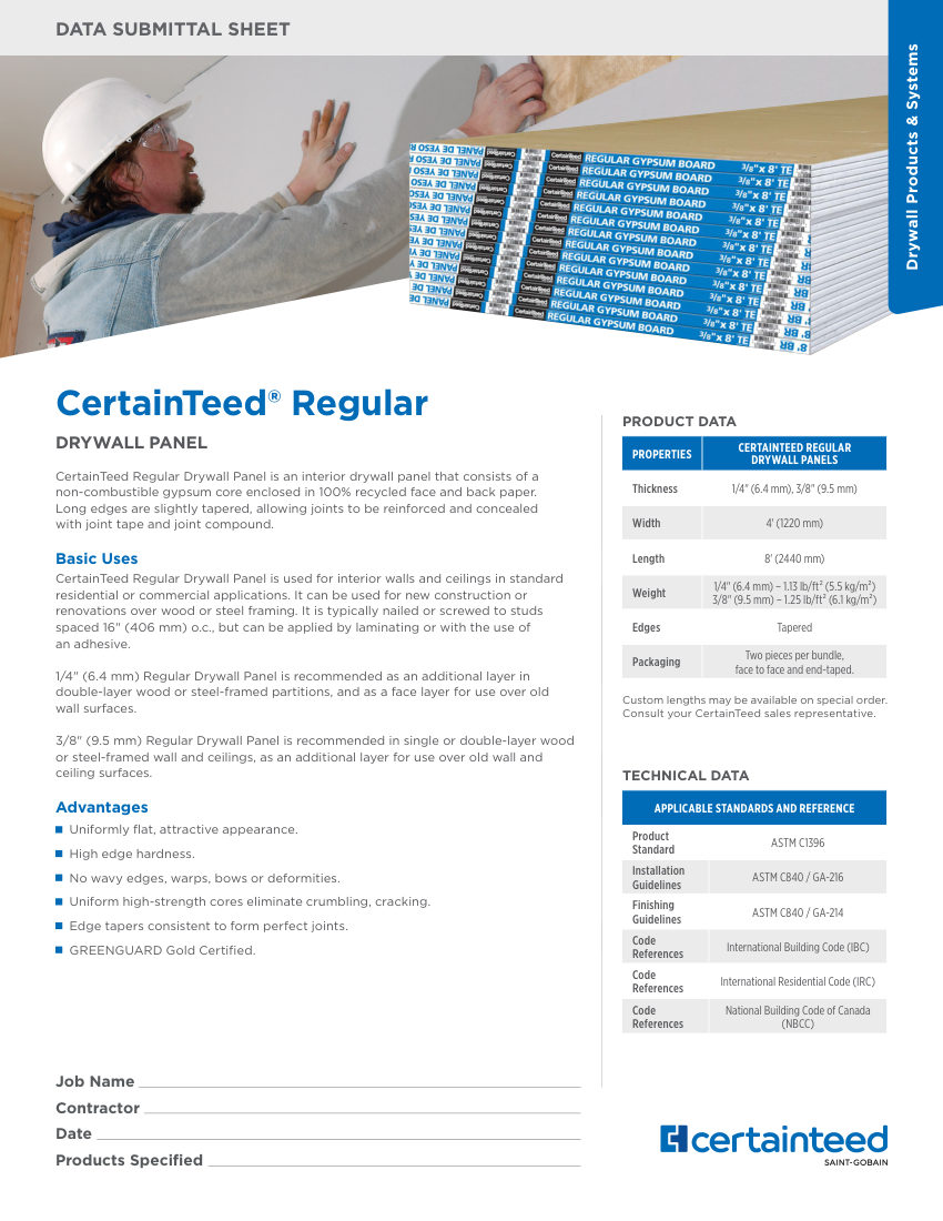 CertainTeed regular cut sheet — first page