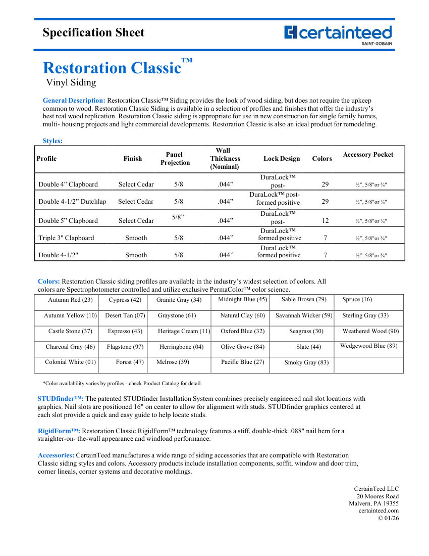 CertainTeed Restoration Classic-Double 4-1/2" Smooth cut sheet — first page