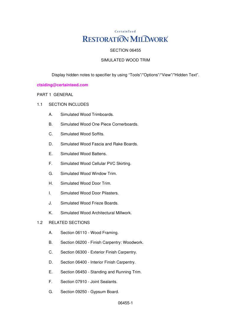 CertainTeed Restoration Millwork 3 Part cut sheet — first page