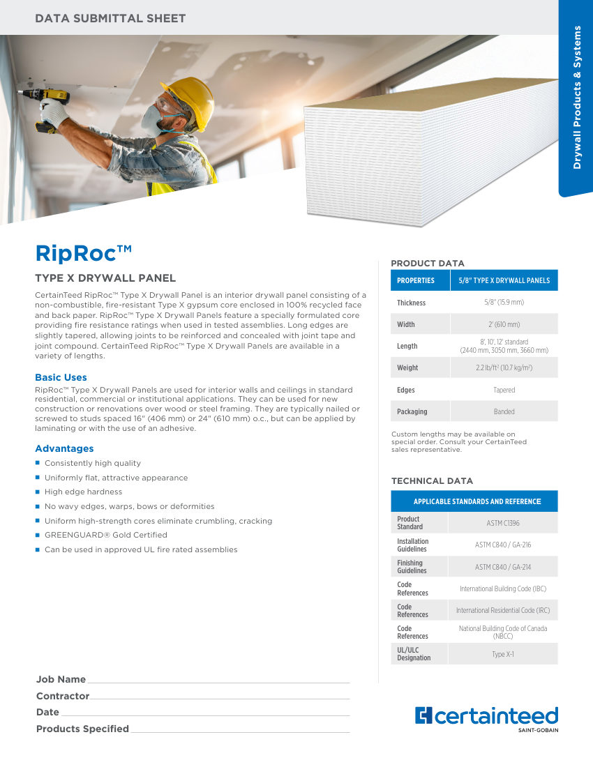 CertainTeed RipRoc submittal sheet e us 2603ctc cut sheet — first page