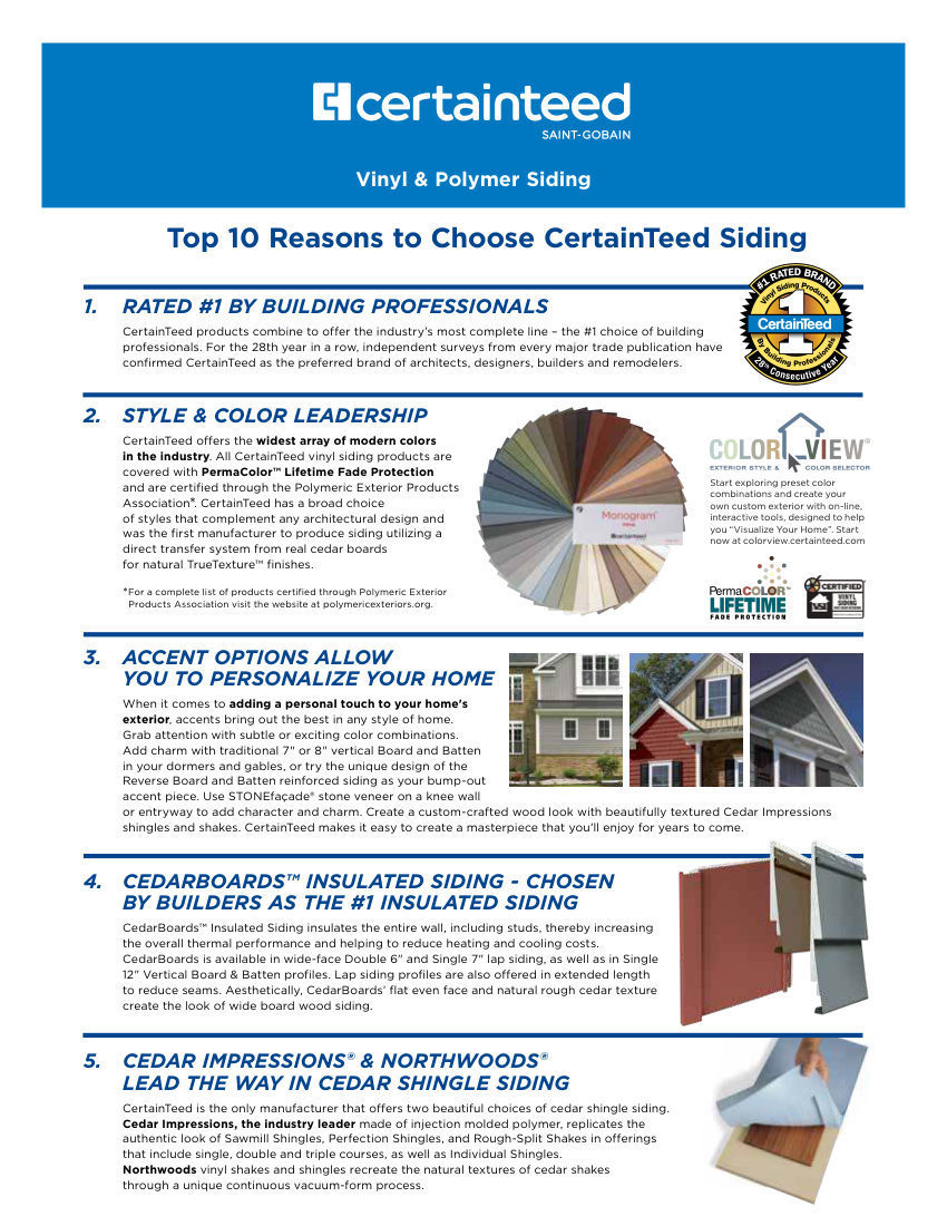 CertainTeed siding toptenreasons 04 04 82 US EN 2301 cut sheet — first page