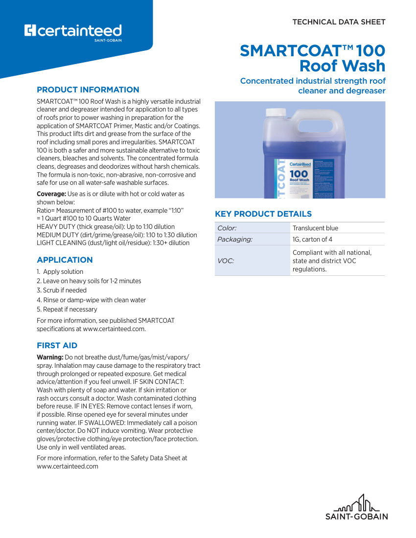 CertainTeed SMARTCOAT™ 100 Roof Wash cut sheet — first page
