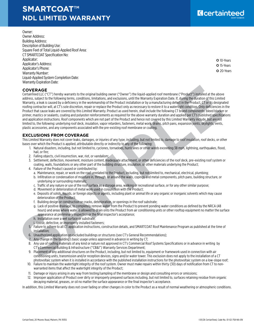 CertainTeed smartcoat ndl warranty 01 02 758 NA EN 2601 cut sheet — first page