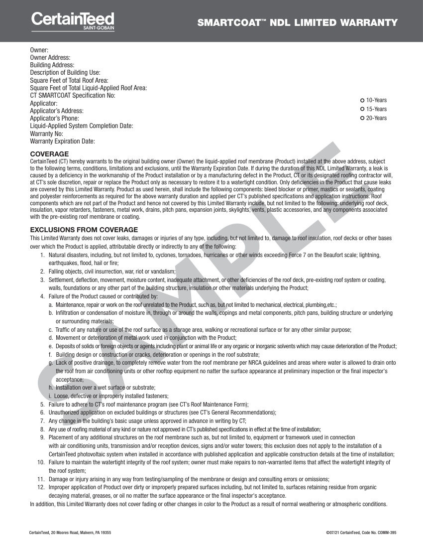 CertainTeed smartcoat ndl warranty comm 395 2107 e cut sheet — first page