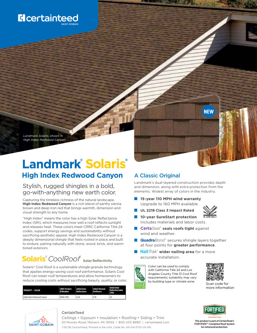 CertainTeed solaris redwoodcanyon sellsheet 00 04 5731 US EN sw 2601 cut sheet — first page