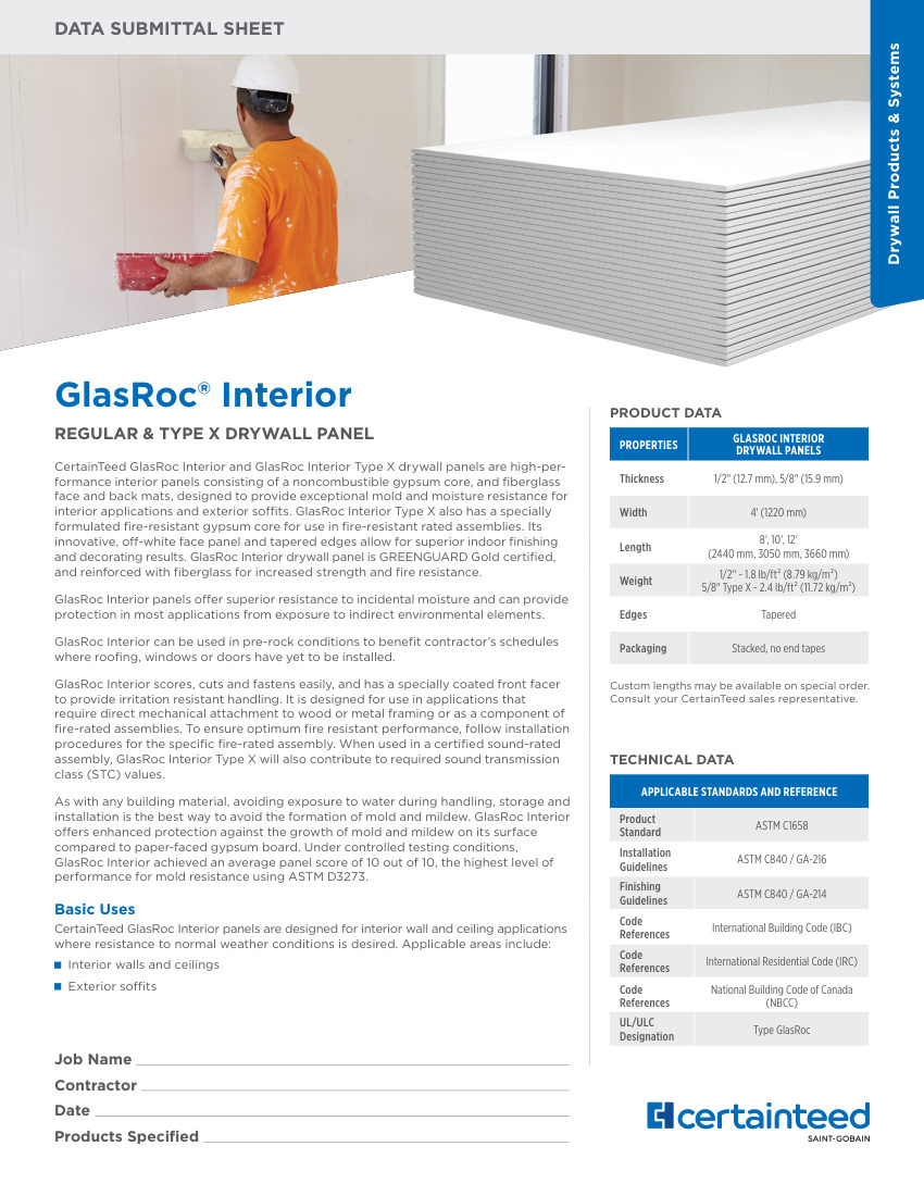 CertainTeed Sheet - GlasRoc® Interior cut sheet — first page