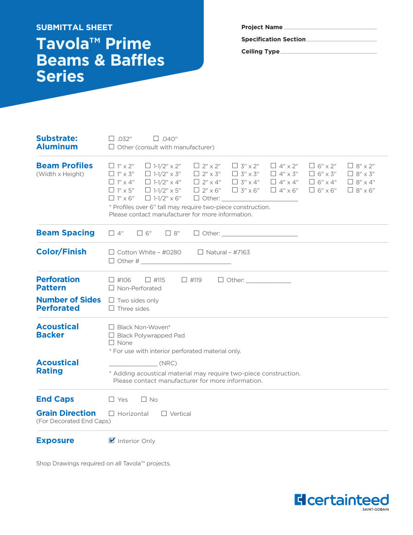 CertainTeed tavola prime beams baffles submittal sheet interactive e us cut sheet — first page