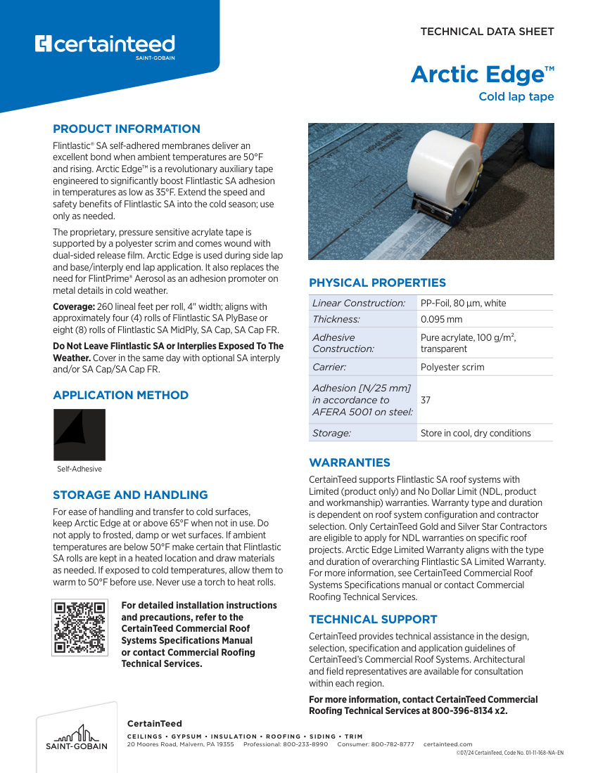 CertainTeed tech data Arctic Edge 01 11 168 NA EN 2501 cut sheet — first page