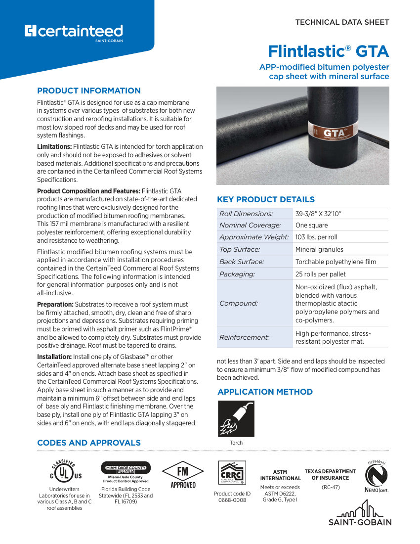 CertainTeed tech data Flintlastic GTA 01 11 4294 NA EN 2407 cut sheet — first page