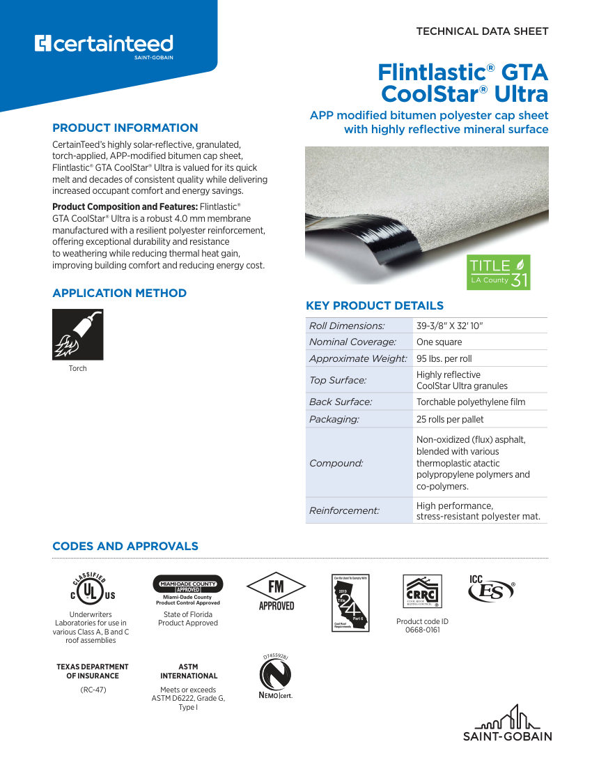 CertainTeed tech data Flintlastic GTA CoolStar Ultra 01 11 5089 NA EN 04 cut sheet — first page
