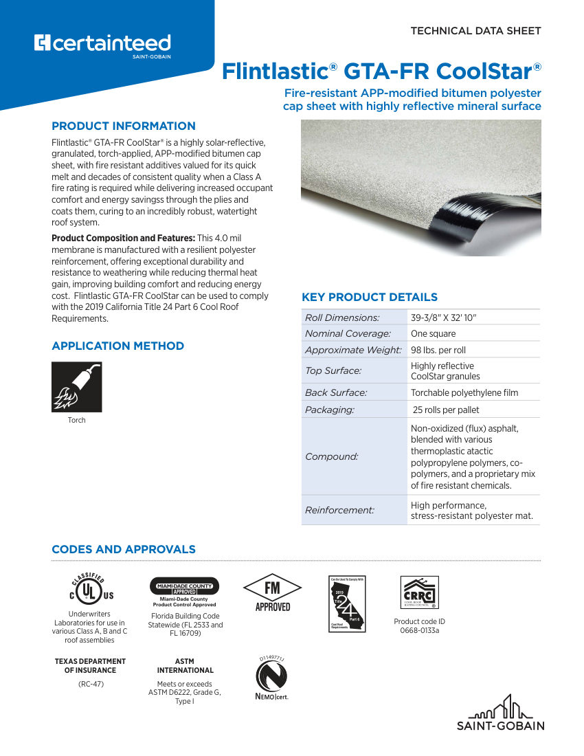 CertainTeed tech data Flintlastic GTA FR CoolStar 01 11 4094 NA EN 2407 cut sheet — first page