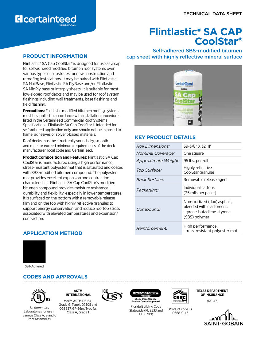 CertainTeed tech data Flintlastic SA Cap CoolStar 1 11 1176 NA EN 0325 cut sheet — first page