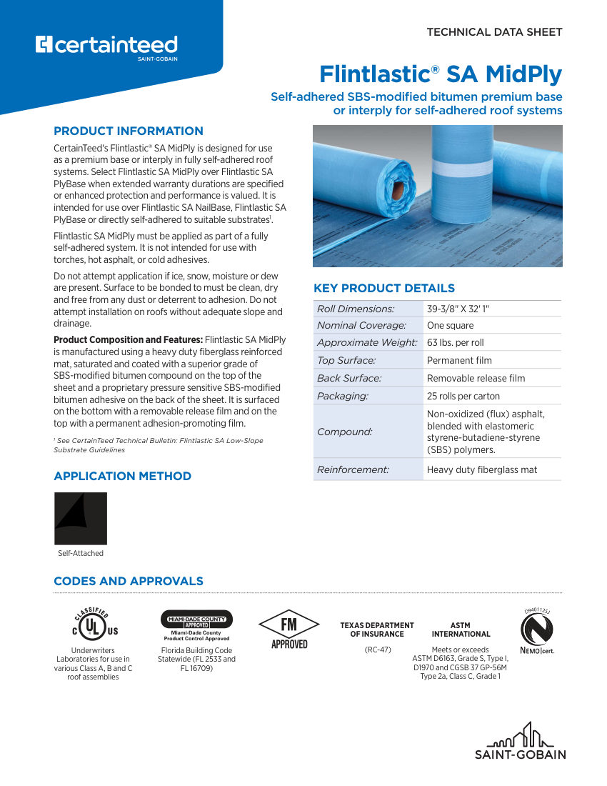 CertainTeed tech data Flintlastic SA MidPly 01 11 4295 NA EN 2407 cut sheet — first page