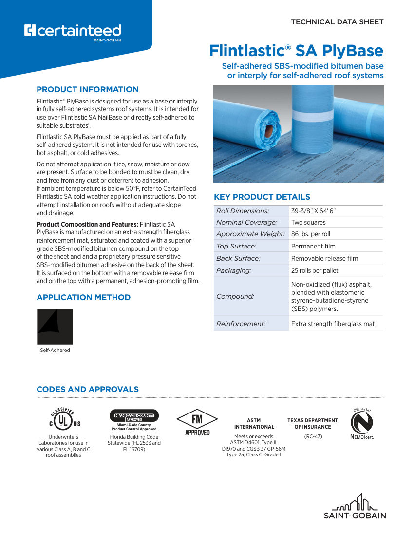 CertainTeed tech data Flintlastic SA PlyBase 01 11 4292 NA EN 2407 cut sheet — first page