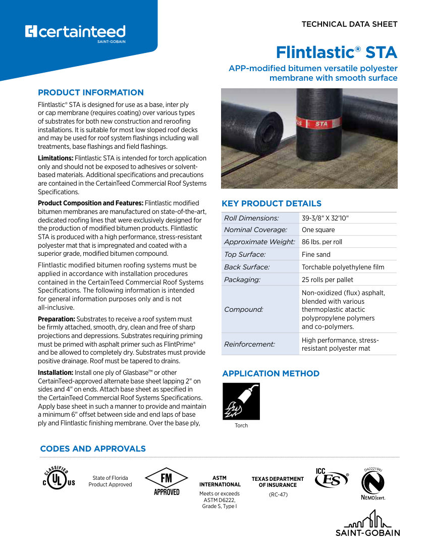 CertainTeed tech data Flintlastic STA 01 11 4438 NA EN 2412 cut sheet — first page