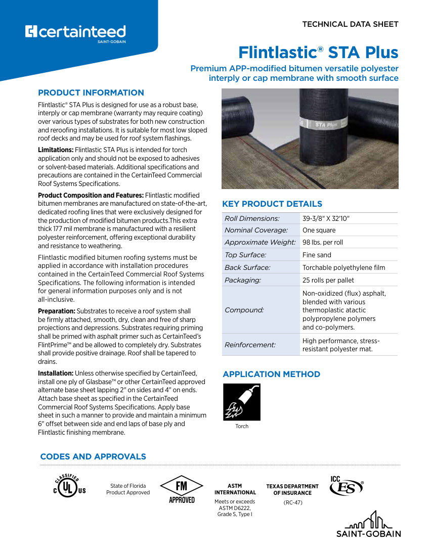 CertainTeed tech data Flintlastic STA Plus 01 11 4290 NA EN 2412 cut sheet — first page