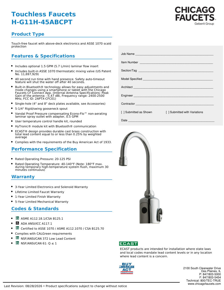 Chicago Faucets H-G11H-45ABCPT cut sheet — first page