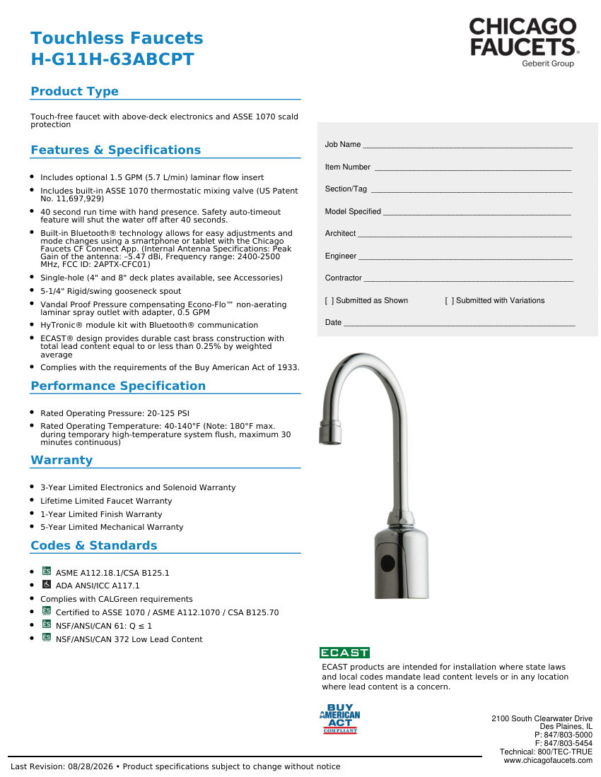 Chicago Faucets H-G11H-63ABCPT cut sheet — first page