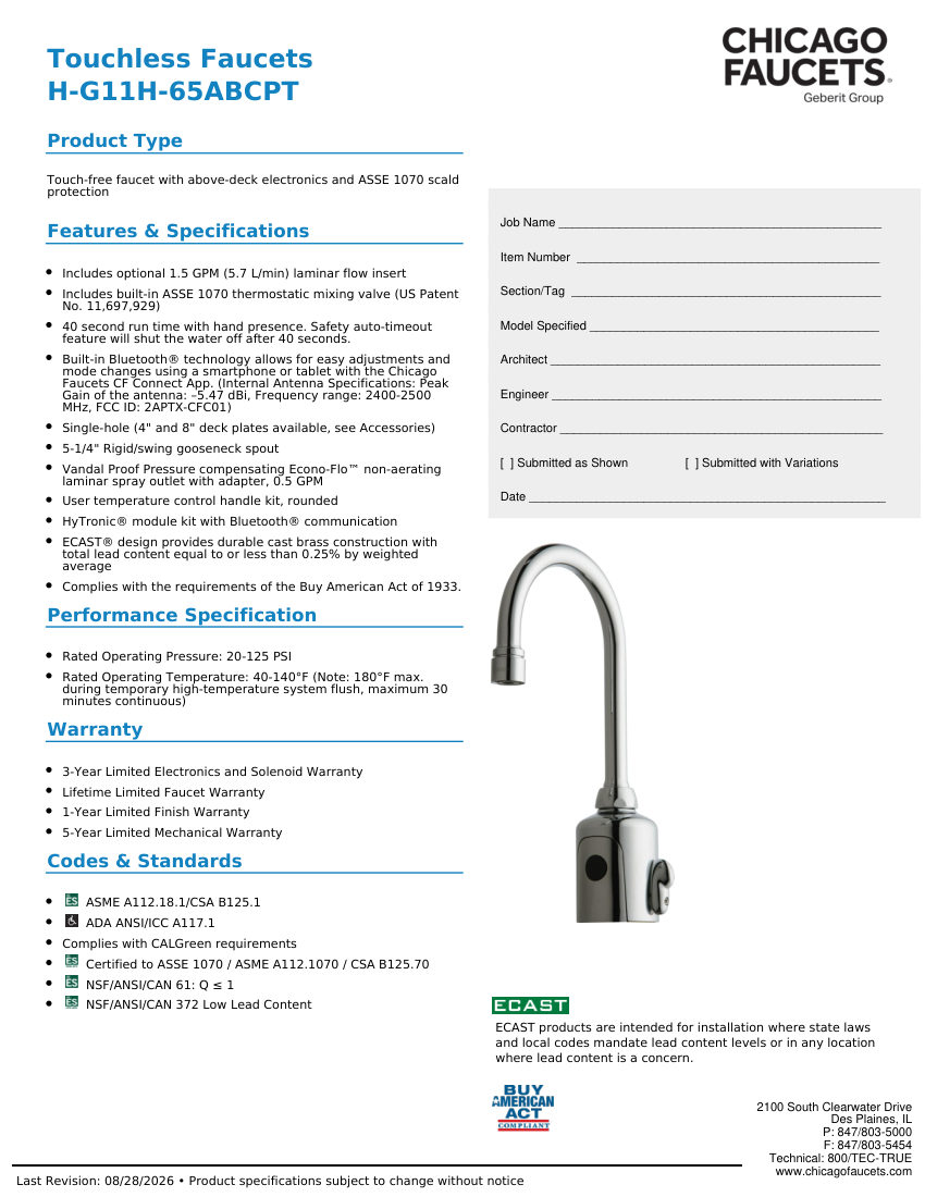 Chicago Faucets H-G11H-65ABCPT cut sheet — first page