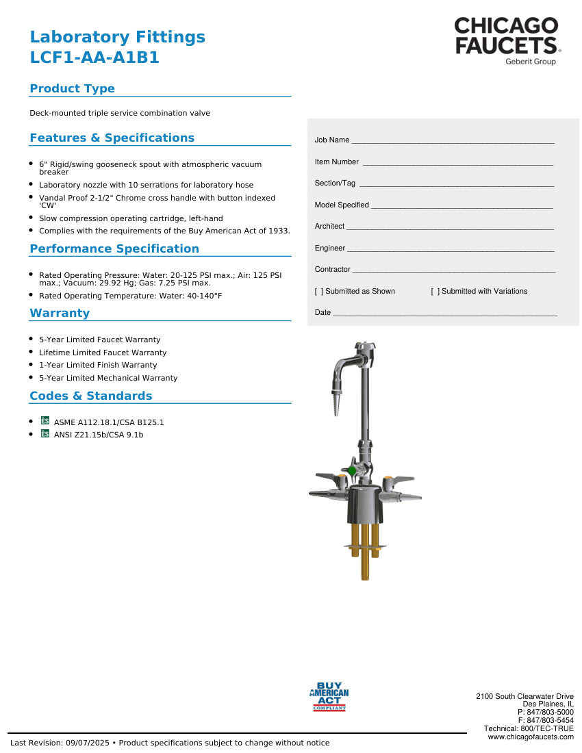 Chicago Faucets LCF1-AA-A1B1 cut sheet — first page