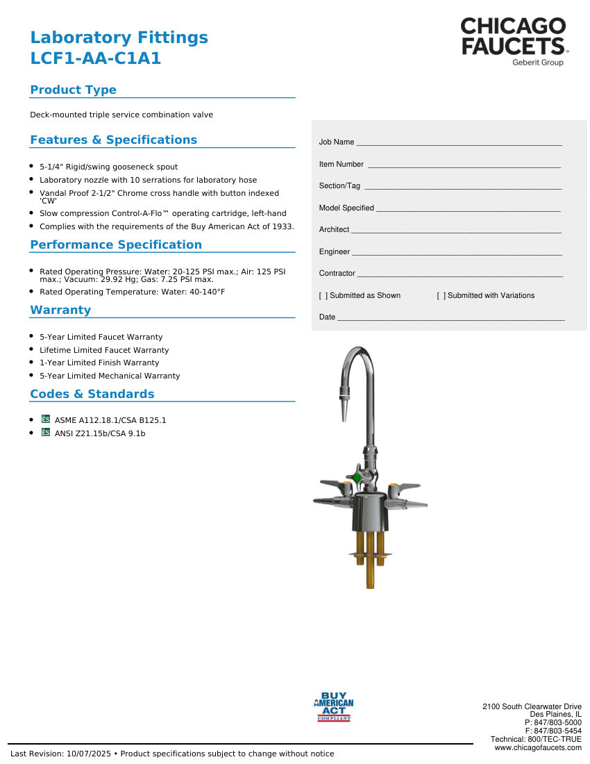 Chicago Faucets LCF1-AA-C1A1 cut sheet — first page