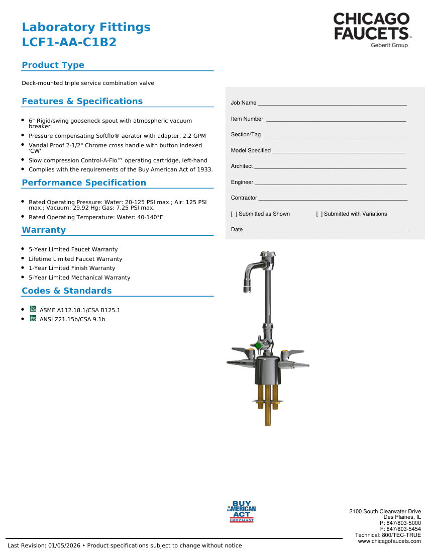 Chicago Faucets LCF1-AA-C1B2 cut sheet — first page