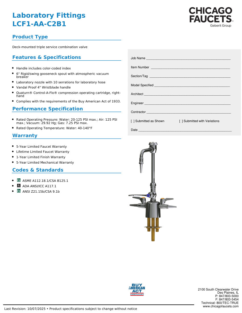 Chicago Faucets LCF1-AA-C2B1 cut sheet — first page