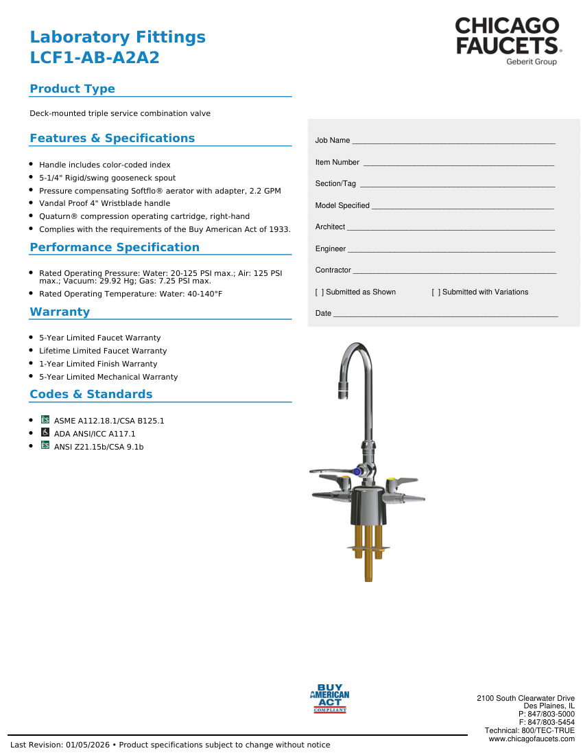 Chicago Faucets LCF1-AB-A2A2 cut sheet — first page